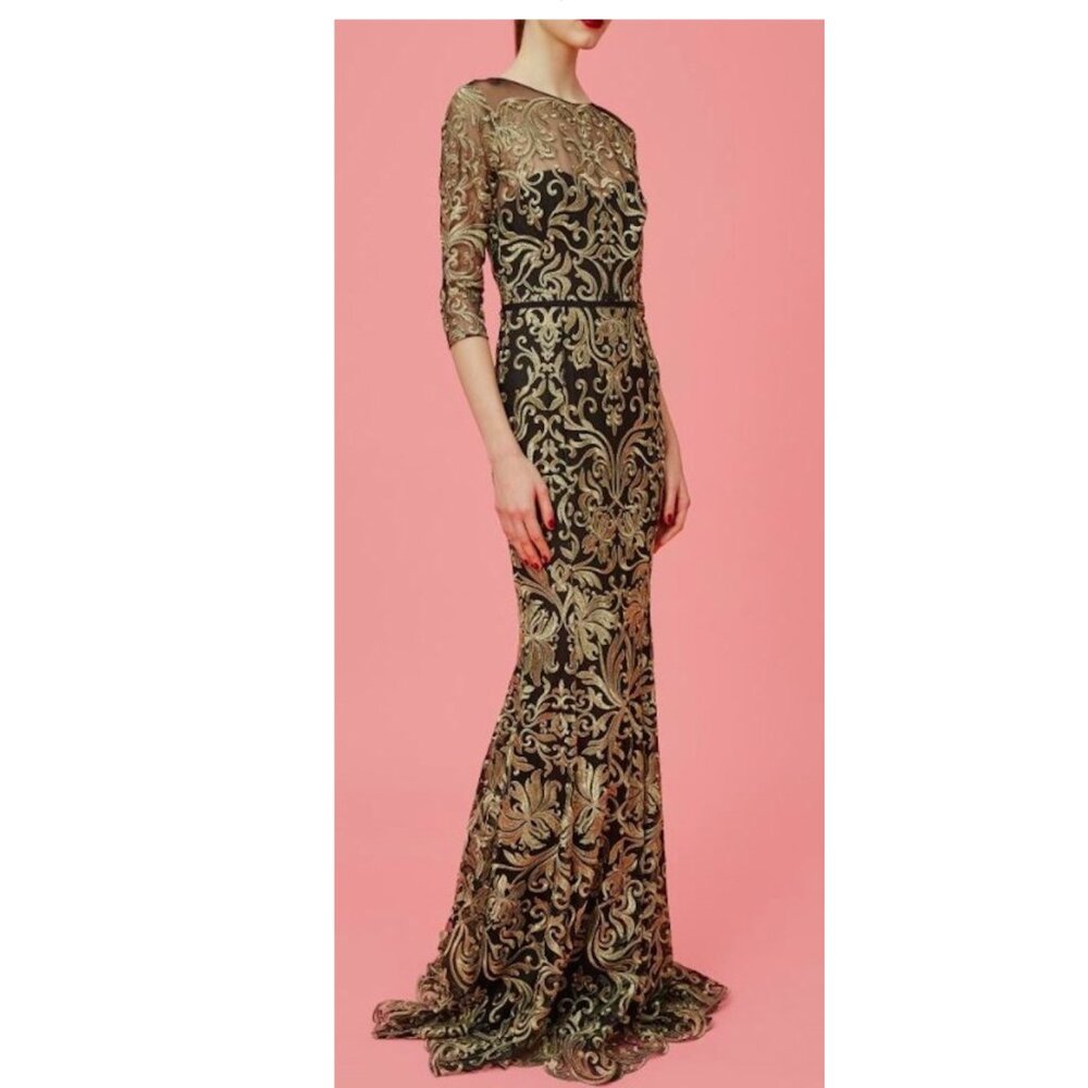 Marchesa Notte Black Gold Embroidered Mermaid Gown